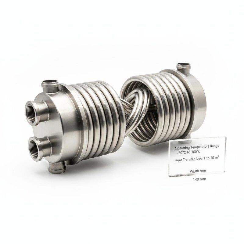 Bộ trao đổi nhiệt đồng trục với dải nhiệt độ hoạt động từ -50°C đến 300°C và diện tích truyền nhiệt từ 1 đến 10 mét vuông trong chiều rộng nhỏ gọn 140mm